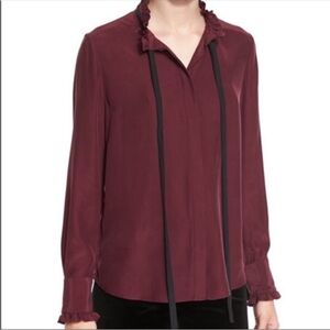 Frame Ruffle Neck Contrast Tie Silk Blouse XS burgundy Edwardian renaissance red